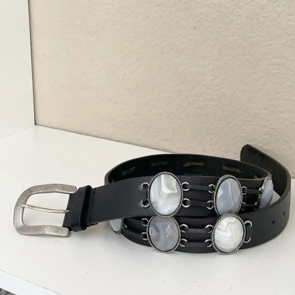 Vintage Leatherock Black Leather Belt with Silver gray stone Accents